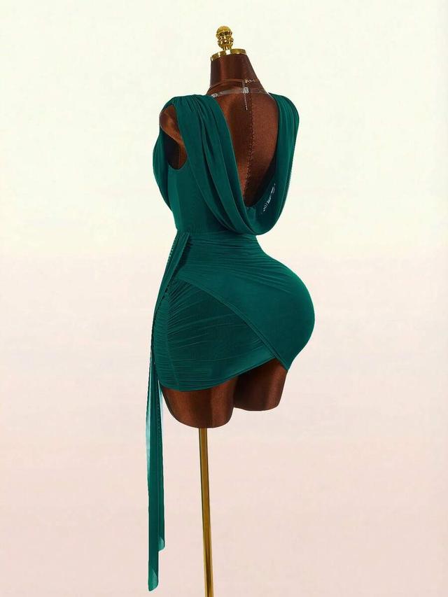 draped neckline ruched sleeveless backless mini dress