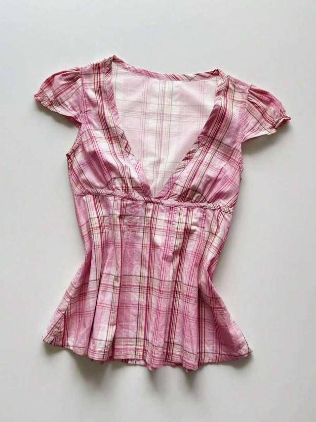 inawly v-neck cap sleeve fitted plaid blouse
