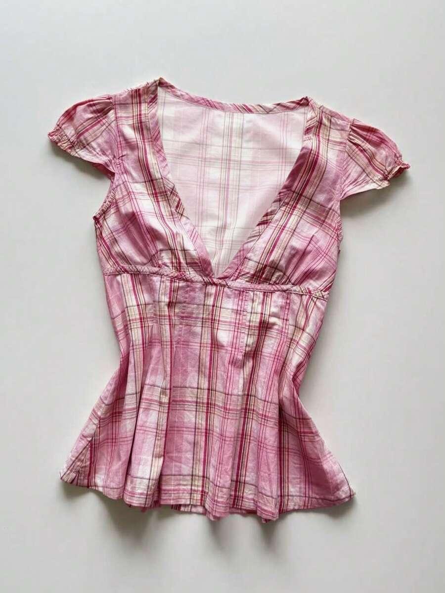 inawly v-neck cap sleeve fitted plaid blouse
