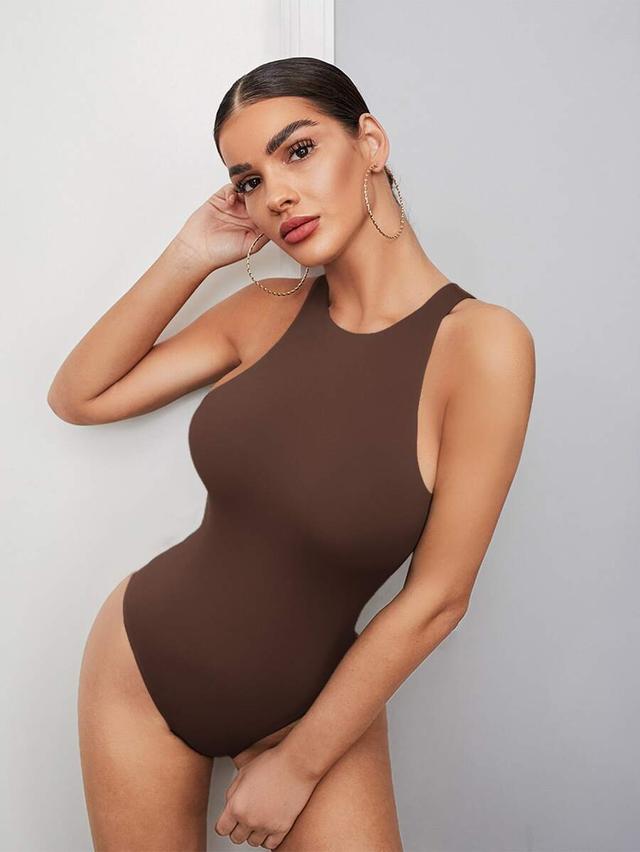 solid brown sleeveless tank bodysuit