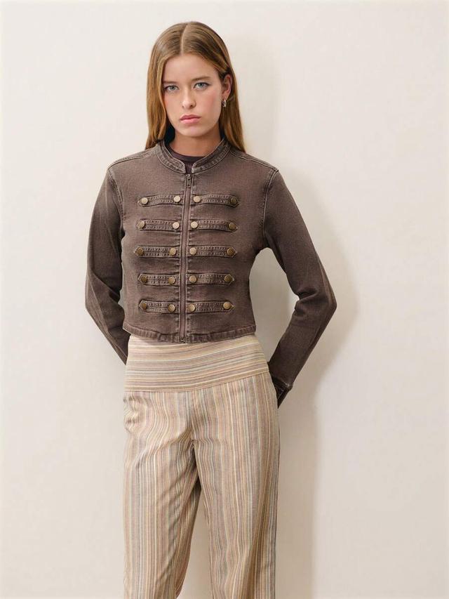 brown denim military style cropped jacket