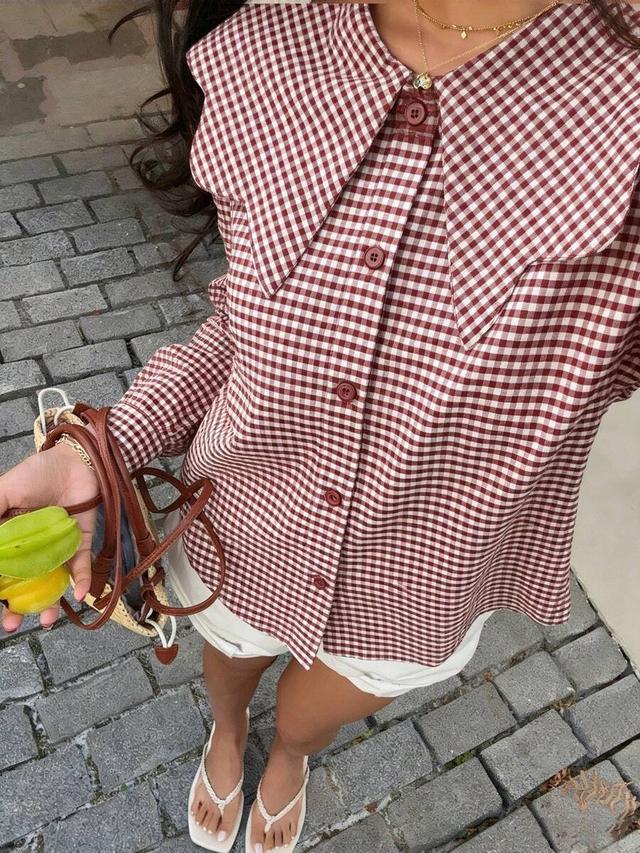 women's casual red plaid shirt with oversized collar