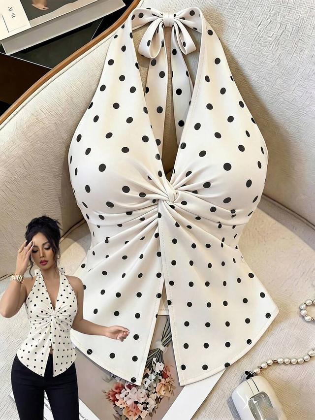 apricot polka dot v-neck twist halter crop top