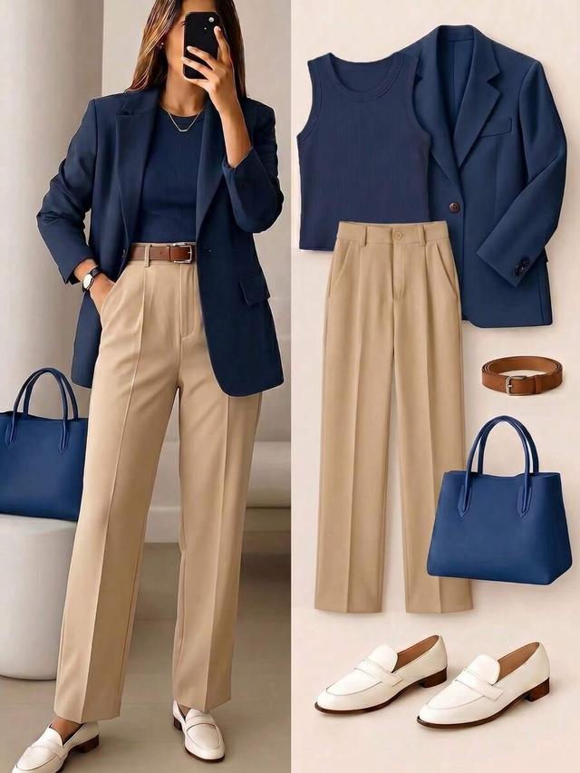 women's high-waisted khaki long slim fit trousers