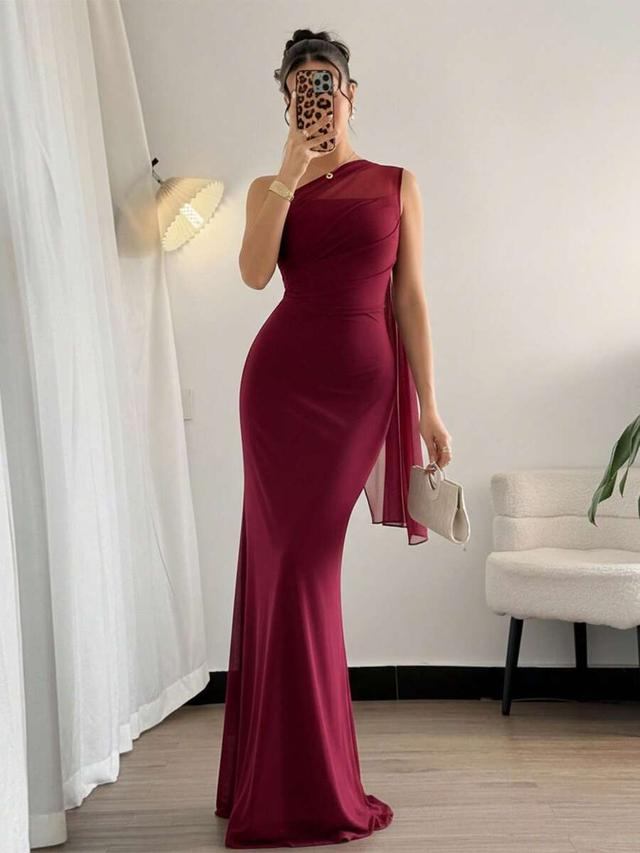 burgundy one-shoulder draped evening gown