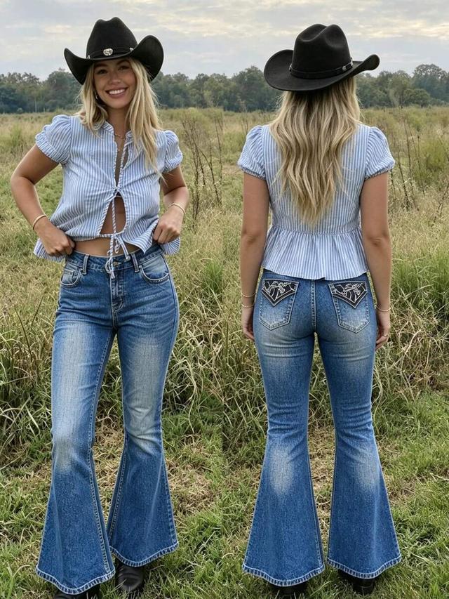 women's casual denim flared jeans with embroidered pockets
