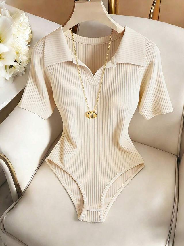 light beige ribbed collared short sleeve knit bodysuit