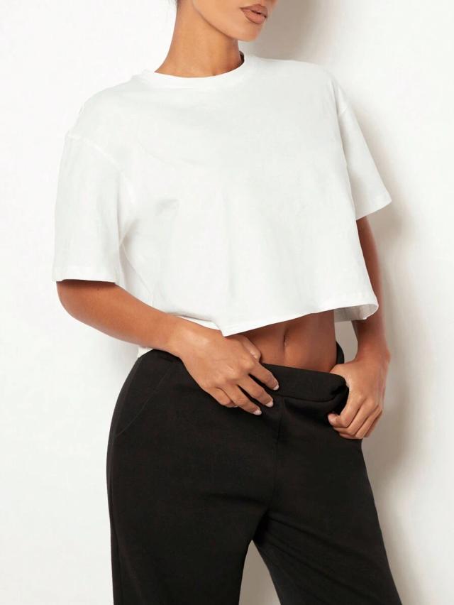 white round neck casual drop shoulder crop tee