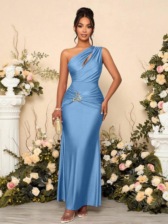 blue one-shoulder draped satin maxi dress