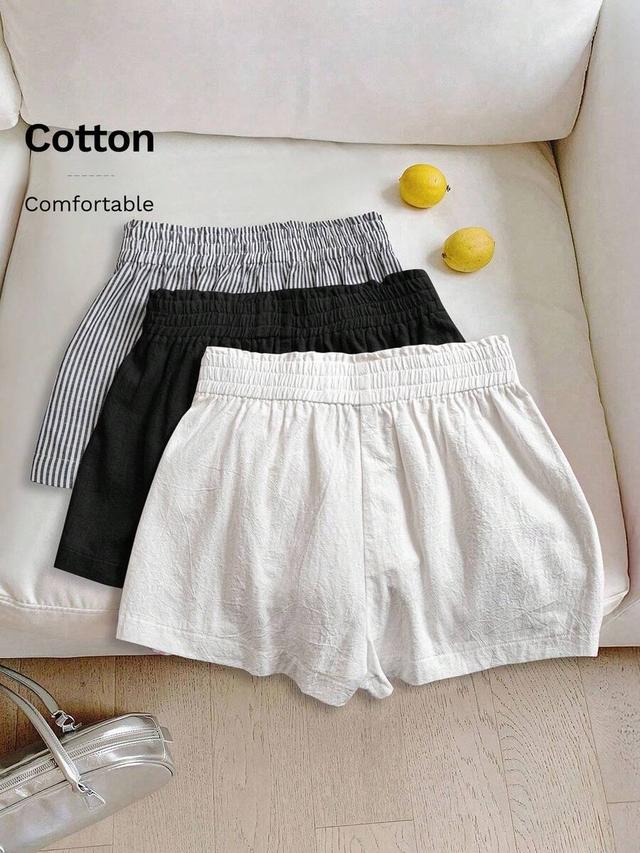 black casual elastic waist linen blend shorts