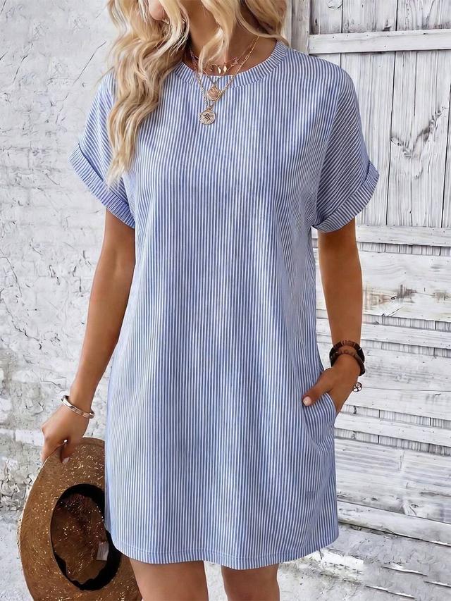 blue and white striped cotton shift dress