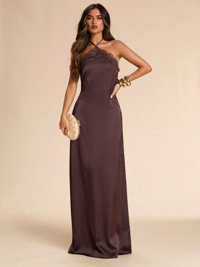 dark brown satin halter maxi dress with lace trim