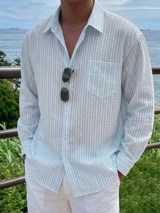 light blue striped long sleeve cotton shirt