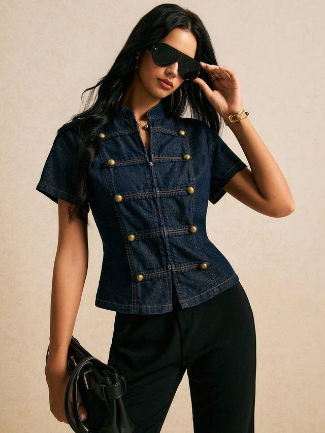 dark wash denim military style button up blouse