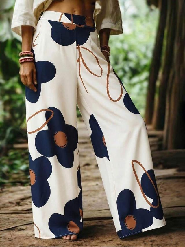 floral print wide leg casual vacation trousers