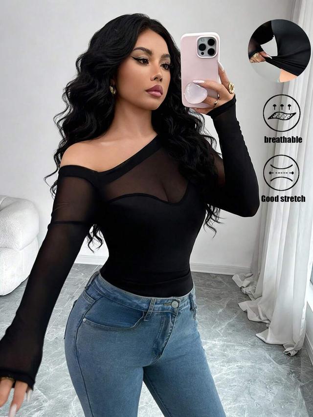 elegant black mesh paneling long sleeve top
