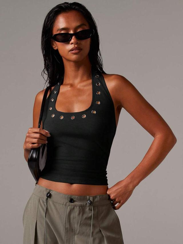 athîral women's black halterneck stud eyelet jersey top