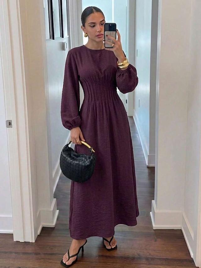 dark purple linen minimalist long-sleeved fitted waist dress