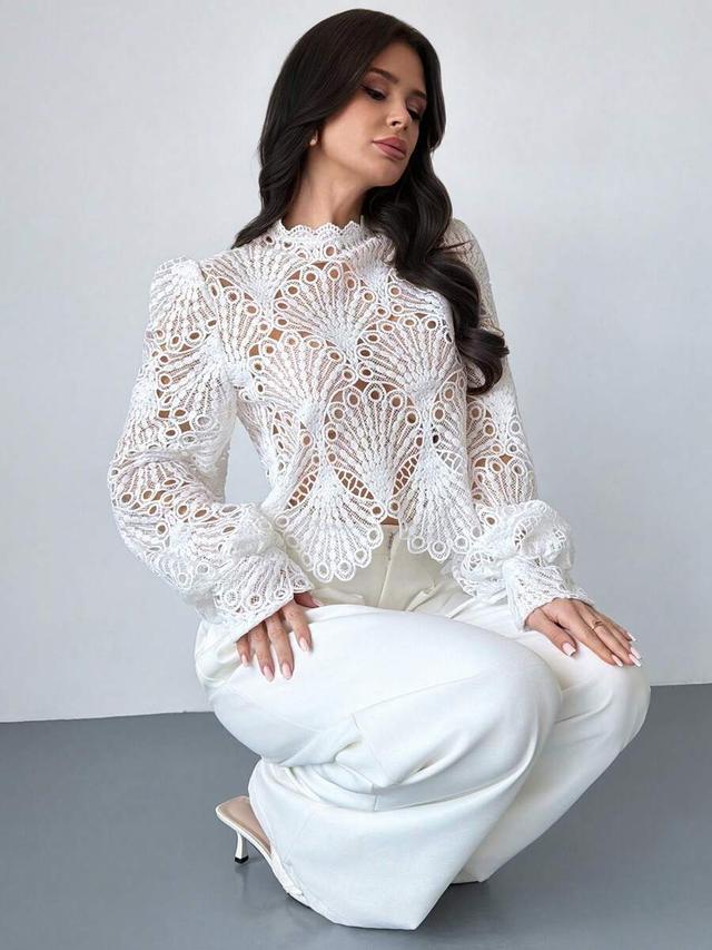 white lace mandarin collar lantern sleeve blouse
