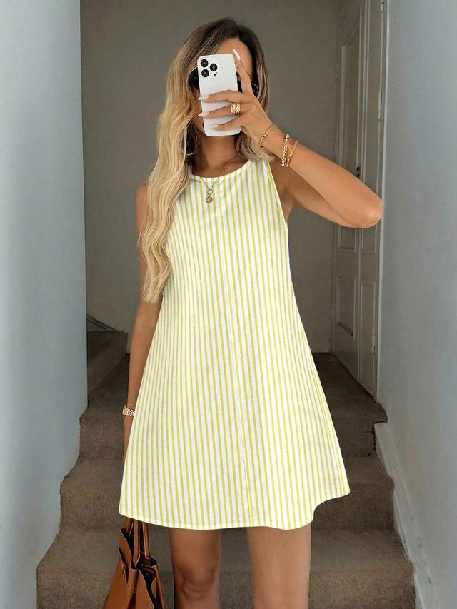 yellow striped sleeveless a-line shift dress