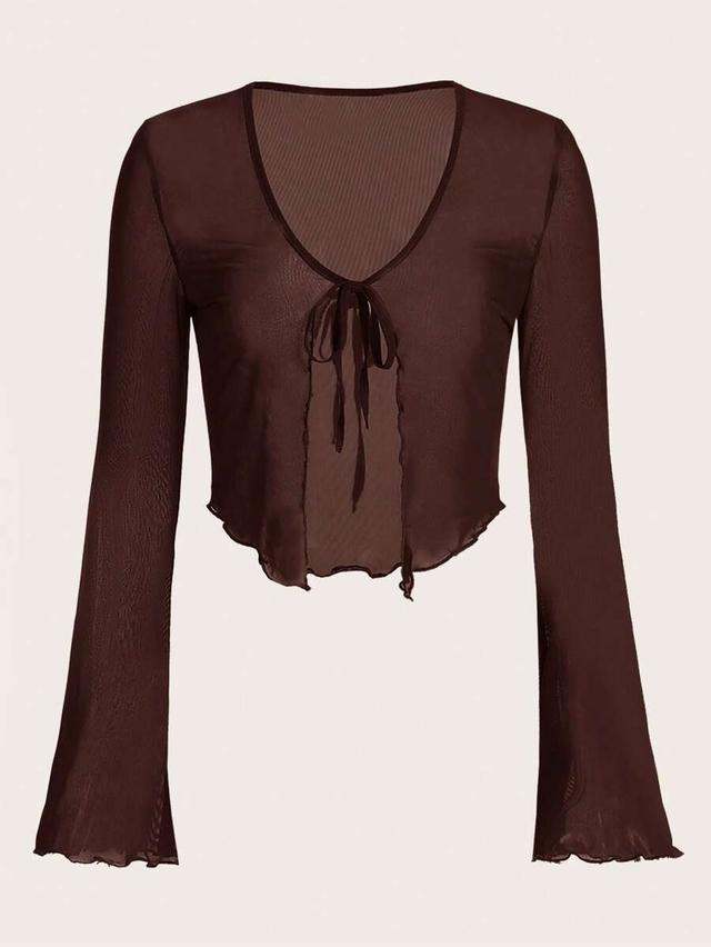 sheer brown long sleeve front knot top