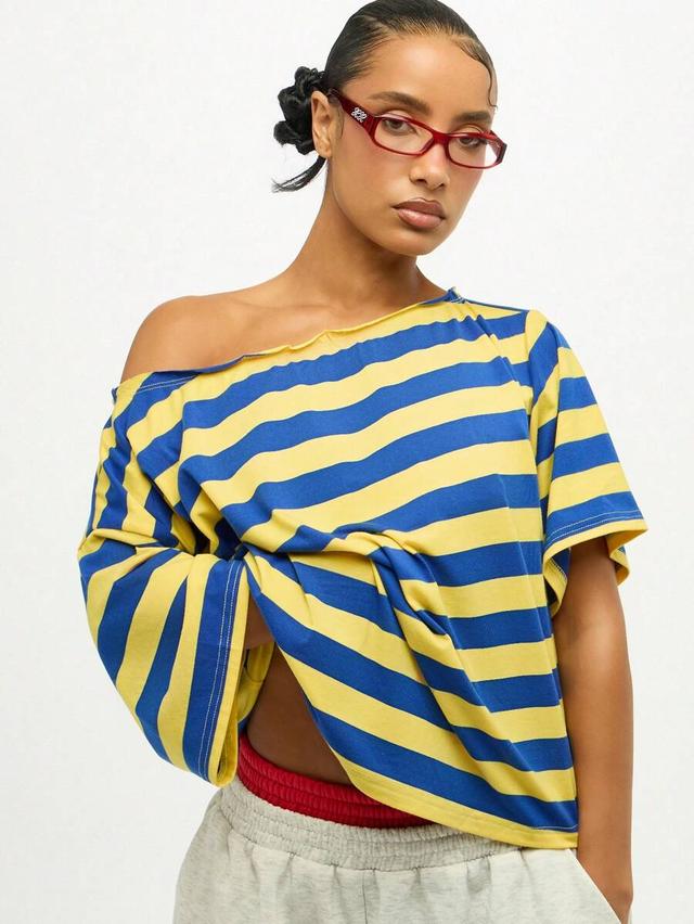 oversized blue and yellow striped off shoulder top