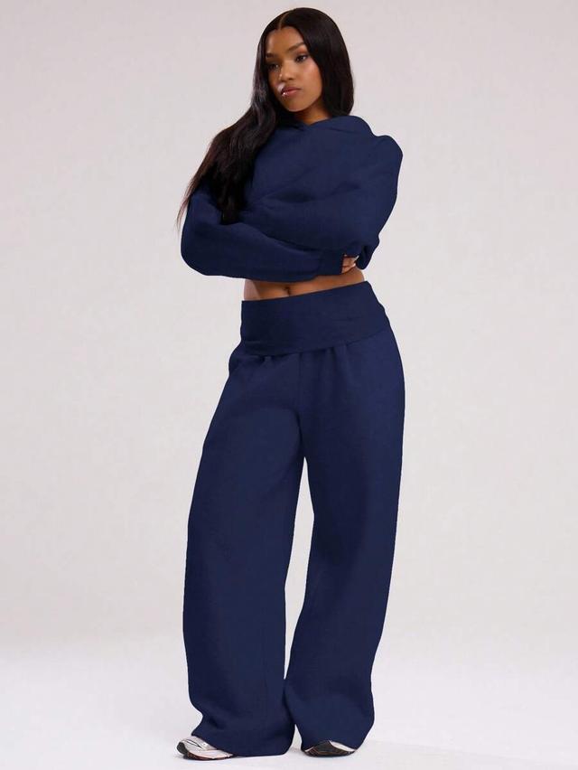 navy blue fold over waist wide leg sweatpants