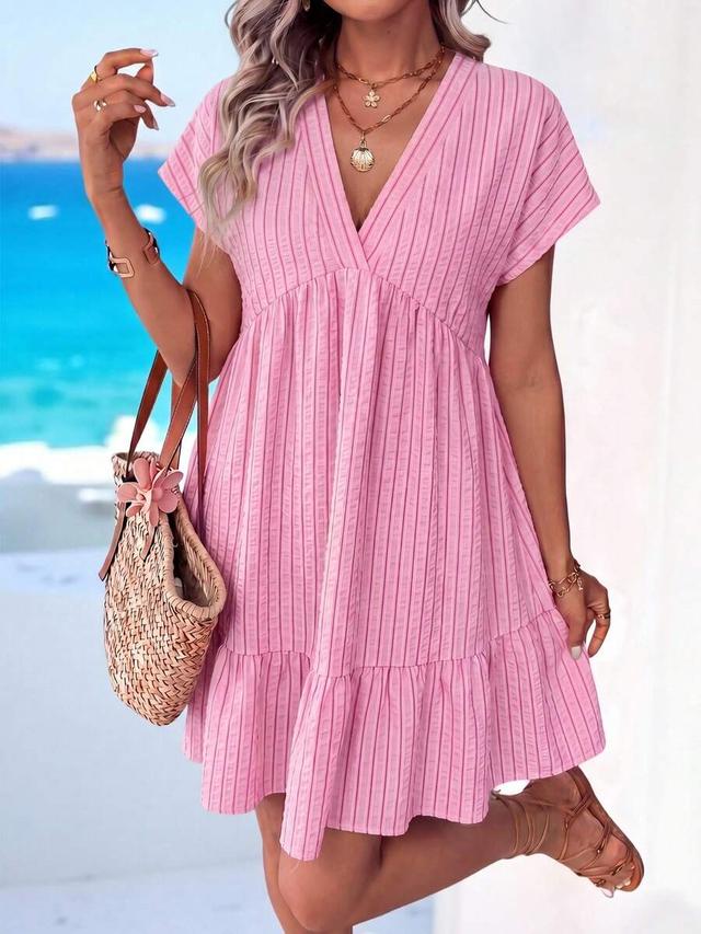 pink striped v-neck short sleeve tiered dress