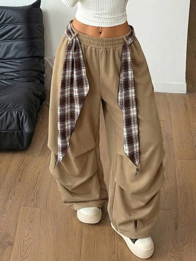 khaki baggy parachute pants with plaid waist ties