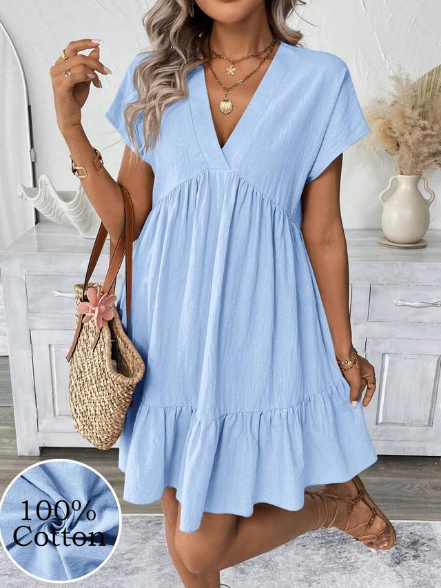 light blue v-neck cotton blend tiered mini dress