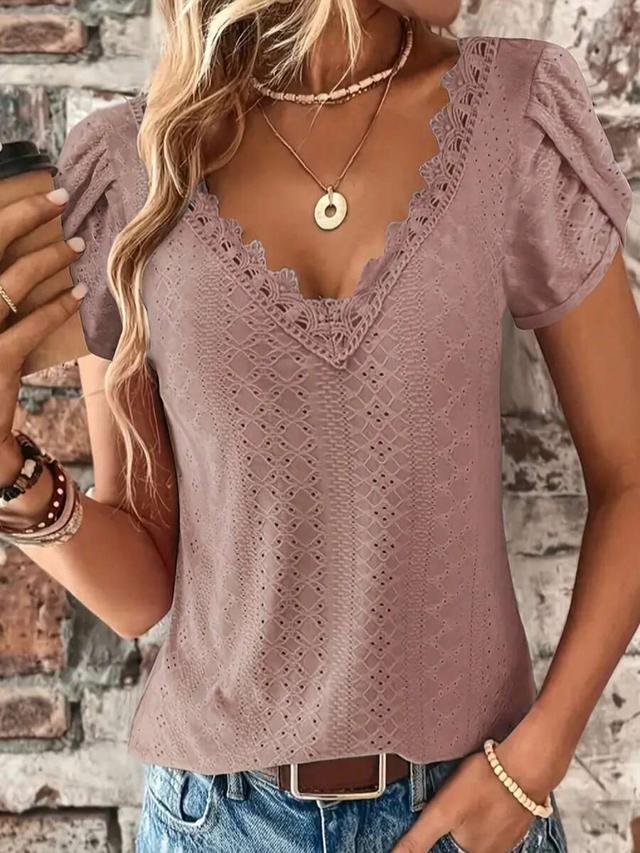 dusty rose eyelet lace v-neck casual top