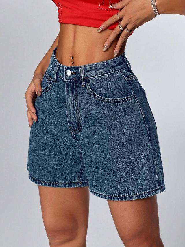 petite women's loose fit medium wash denim shorts