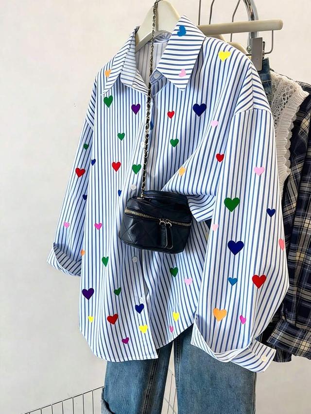 striped heart print single-breasted casual commuting shirt