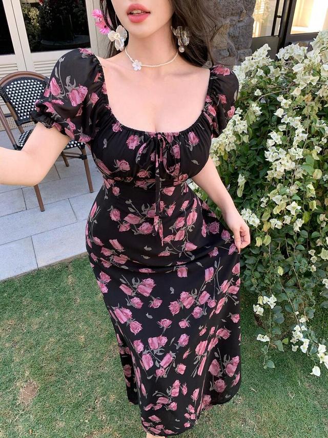 floral puff sleeve chiffon midi sundress