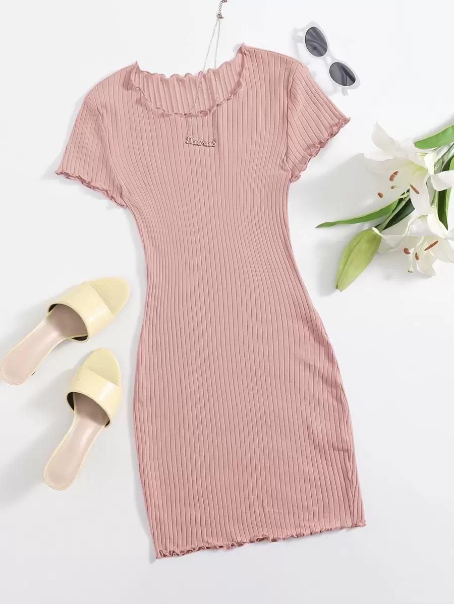 pastel pink rib-knit lettuce trim bodycon dress