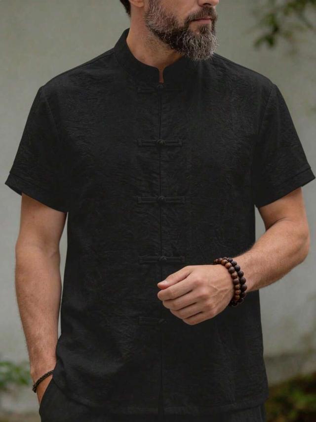 black chinese style stand collar short sleeve shirt