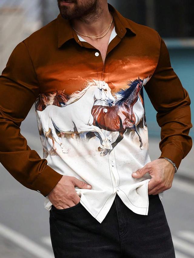 brown long sleeve casual shirt with horse graphic print