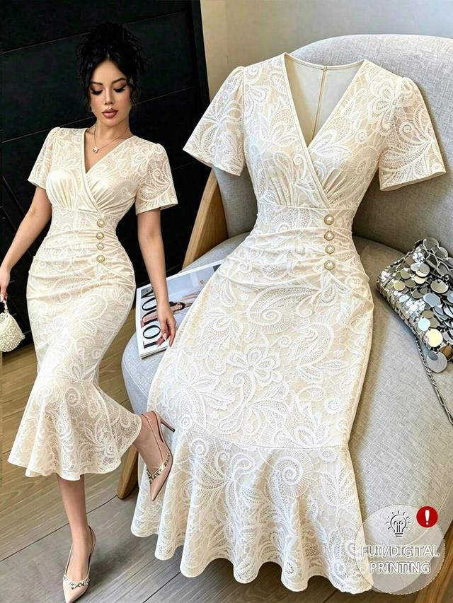 ivory floral lace v-neck midi dress