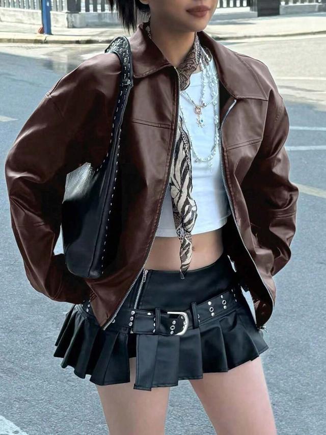 brown edgy biker loose long sleeve leather jacket
