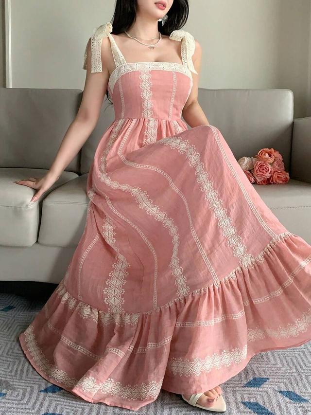 pink colorblock lace patchwork spaghetti strap summer dress