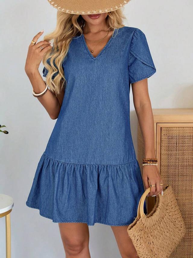 blue denim v-neck drop-waist mini dress