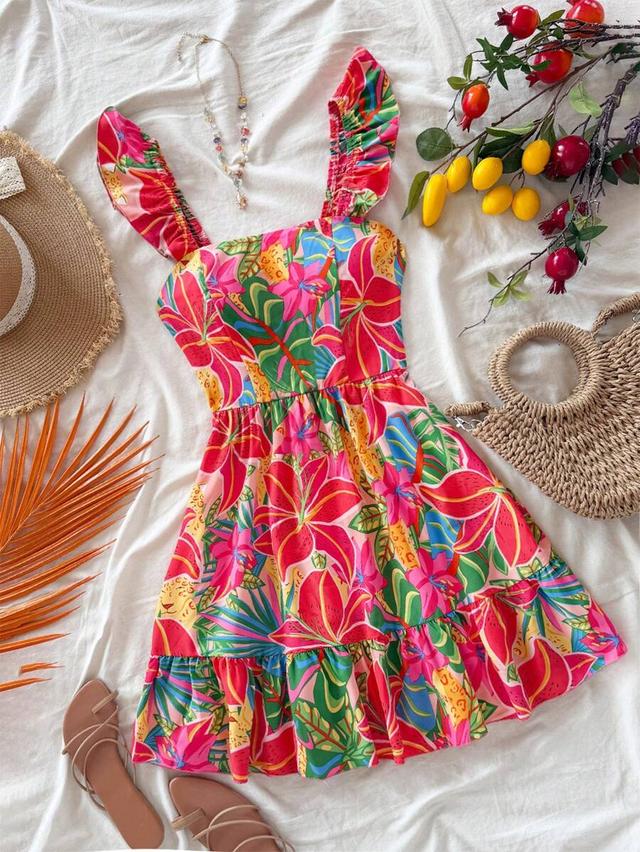 vibrant floral print ruffled strap mini dress