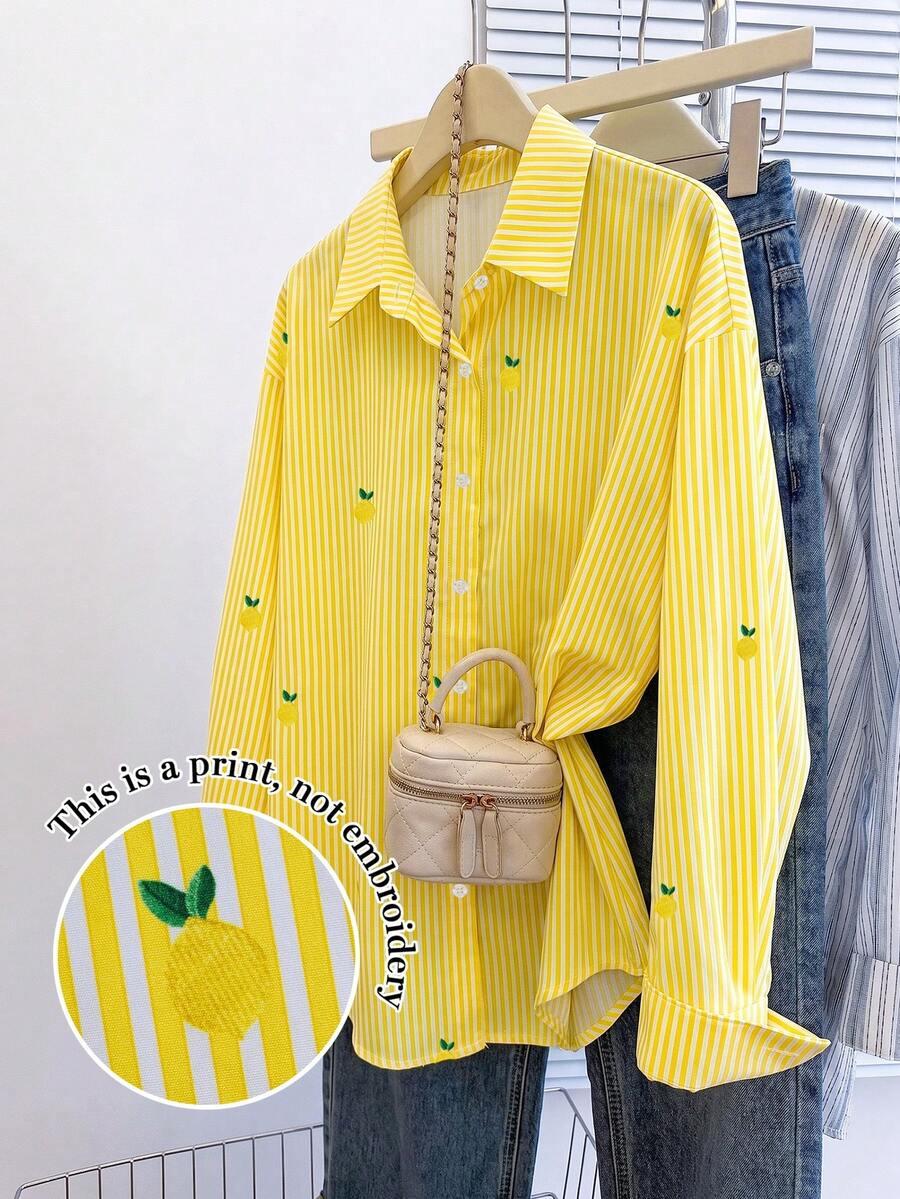 yellow and white striped lemon print casual blouse