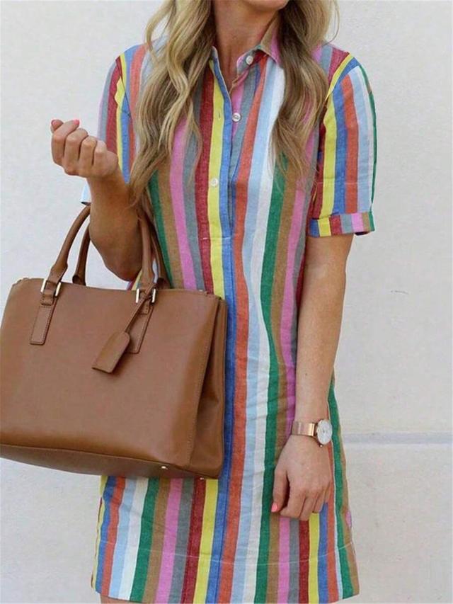 multicolor striped linen shirt dress