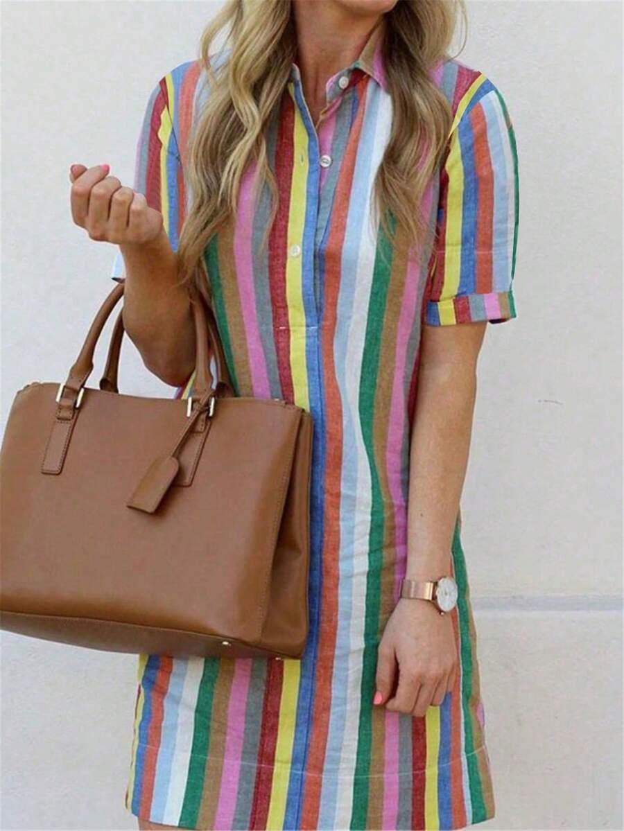 multicolor striped linen shirt dress