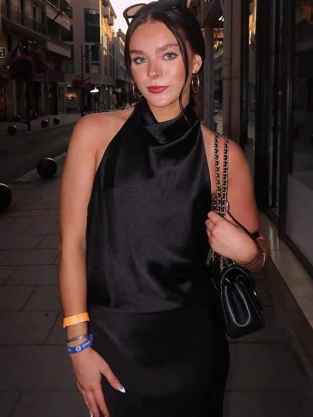 black satin turtleneck halter camisole