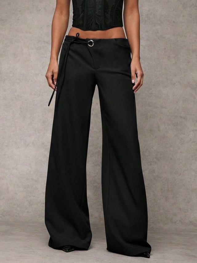 black wide-leg relaxed fit trousers with drawstring