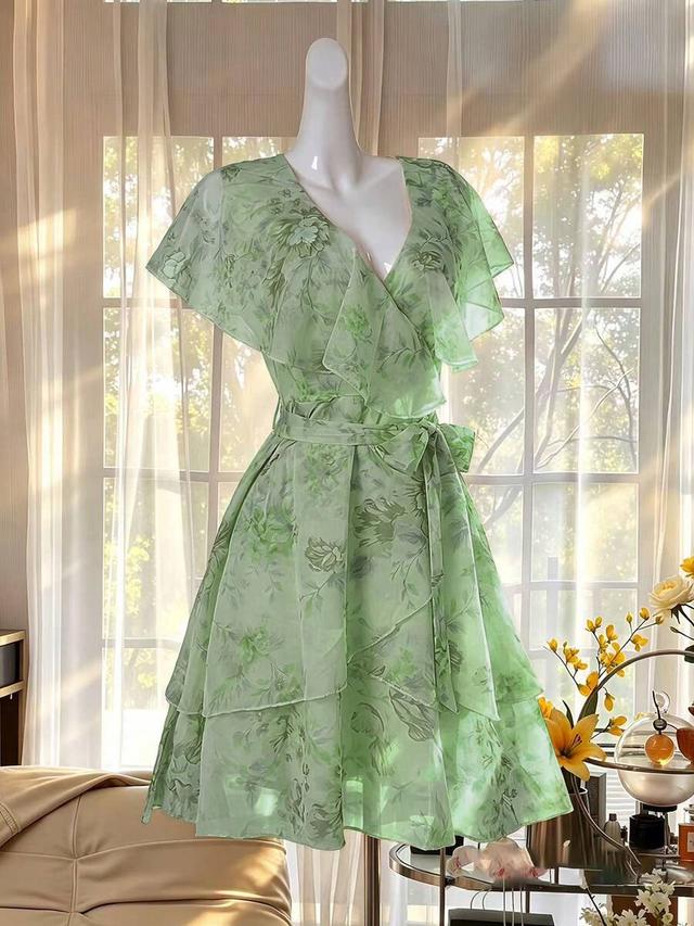 celisse semi-transparent ruffle trim collar short dress digital print