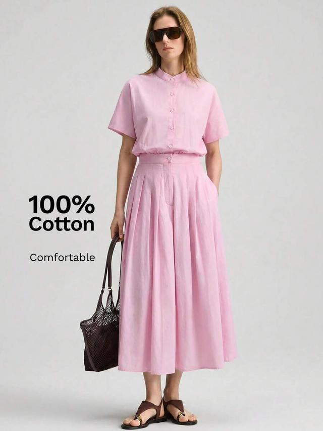 soft pink cotton pleated midi skirt