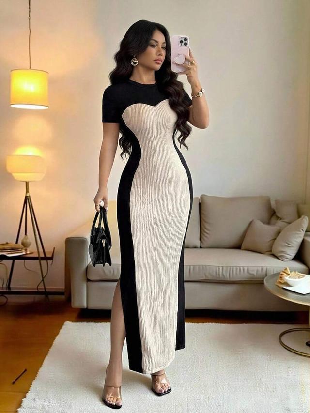 elegant black and apricot textured fabric long dress